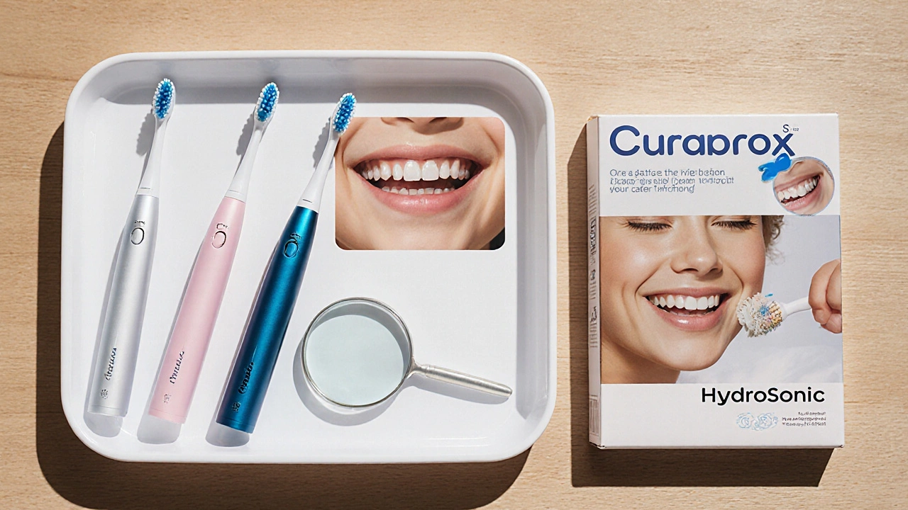 Tři modely kartáčků Curaprox s ortodontickými prvky a dětským úsměvem.