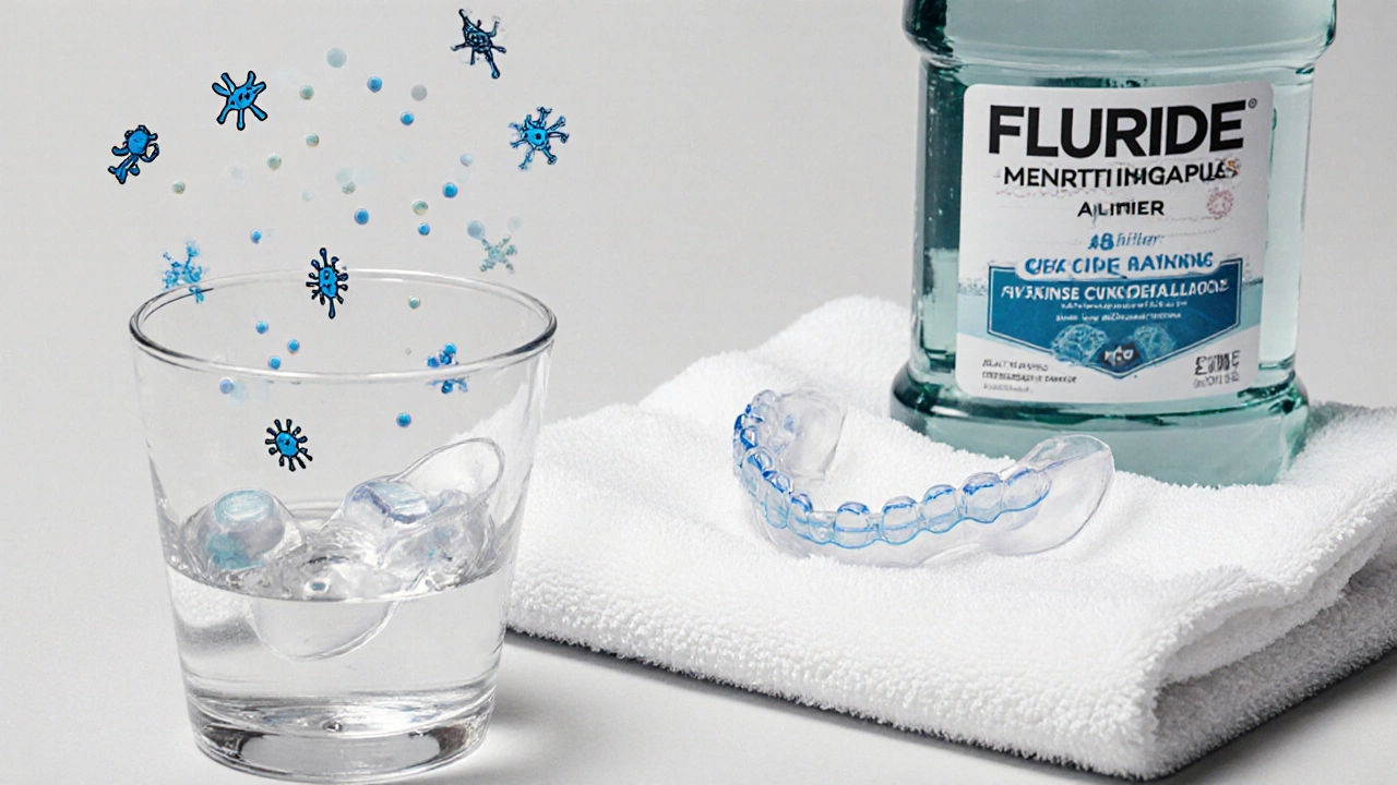 Vyjmoutelná rovnátka v čisticí roztoku s tabletkami a fluoridovým pláchnutím na pozadí.