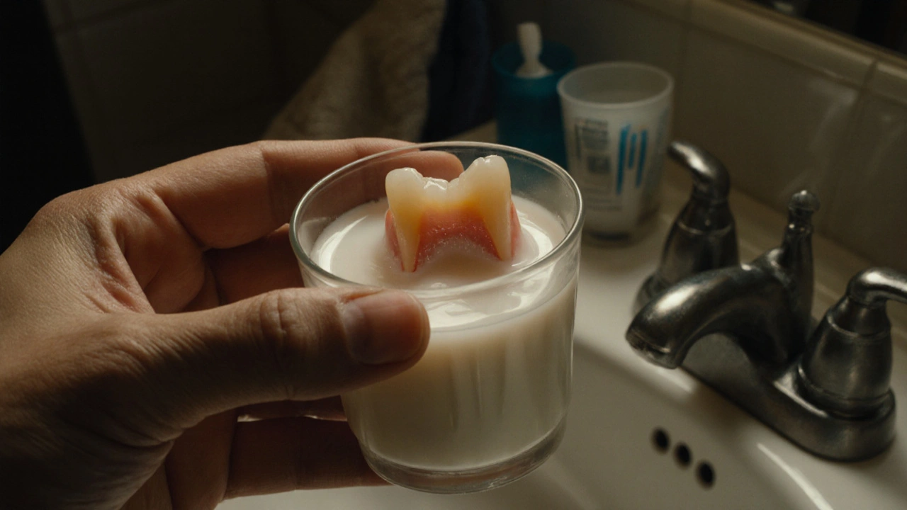 Vypadlý přední zub uložený v skleničce s mlékem, ruka ho opatrně drží.