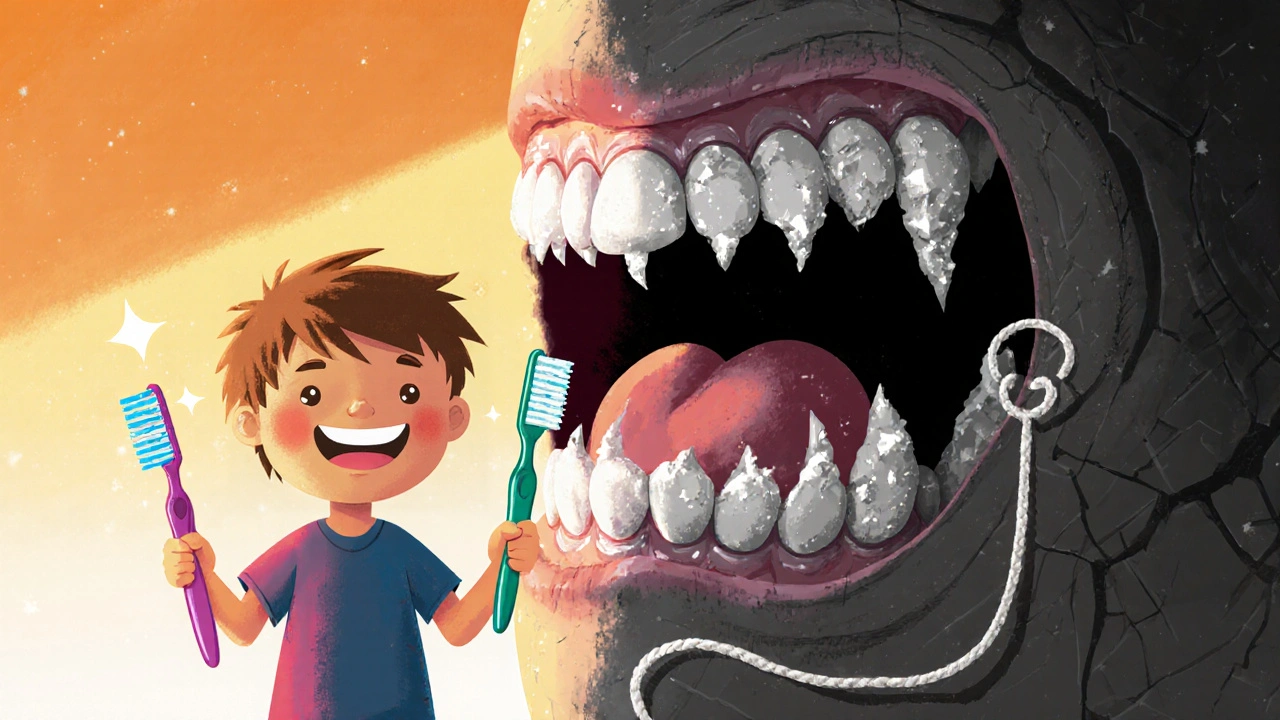 Zdravý úsměv dítěte v kontrastu s temným zubním kamenem, který je poražený kartáčkem a nití.