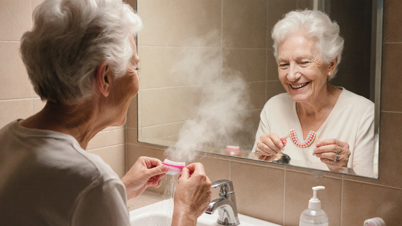 Žena čistí zubní protézu ve vaně, mírně odrazující se světlo v zrcadle.