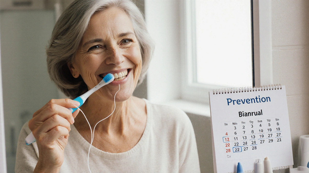 Žena se usmívá do zrcadla s čistými zuby a drží kartáček a nit, symbolizující prevenci.