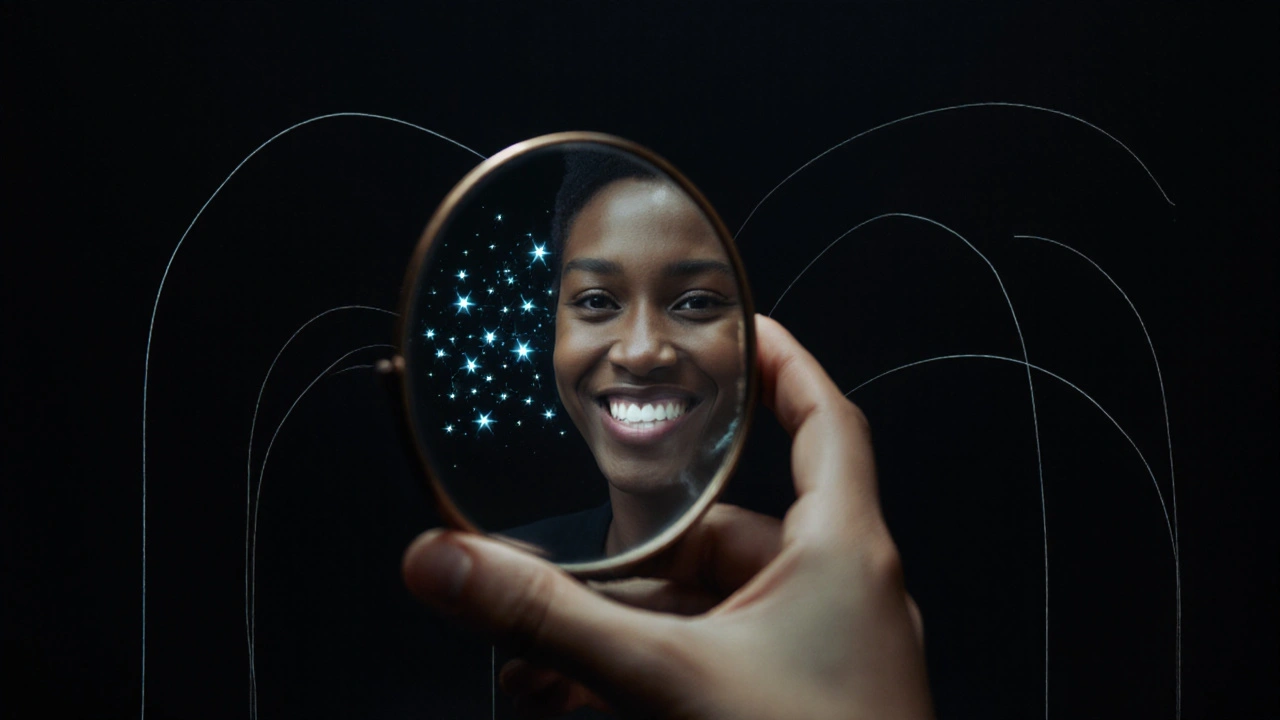 Zrcadlo odrazující úsměv s mezerou, kde mezera převráceně přeměňuje v hvězdnou konstelaci.