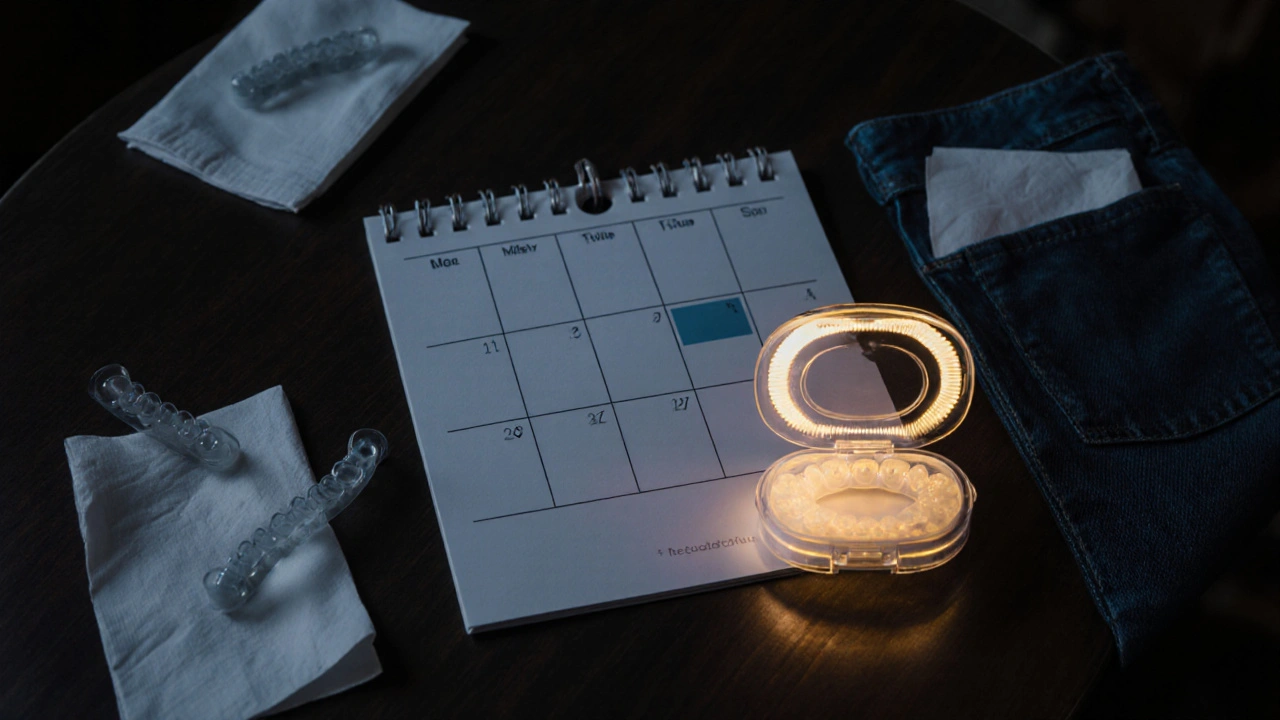 Ztracená rovnátka na různých místech, jedno bezpečně uložené v krabičce.