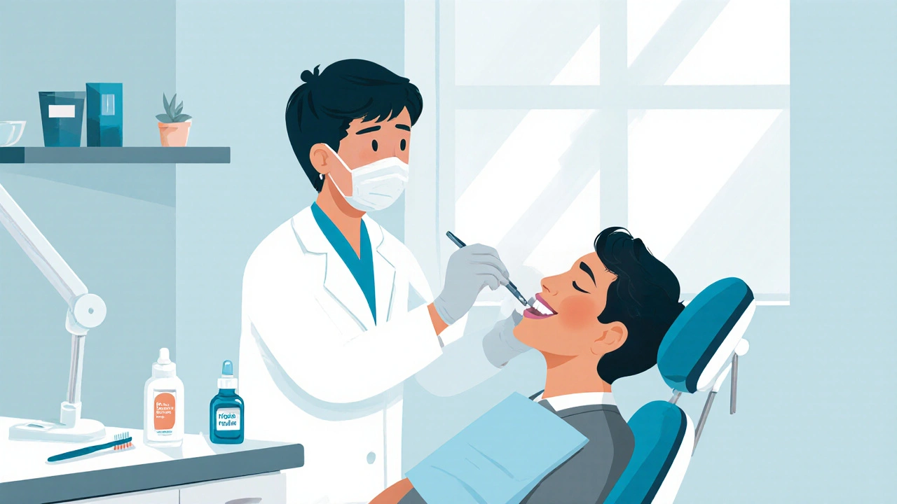 Zubní lékař aplikuje fluoridový lak na zuby pacienta v moderní zubní klinice.