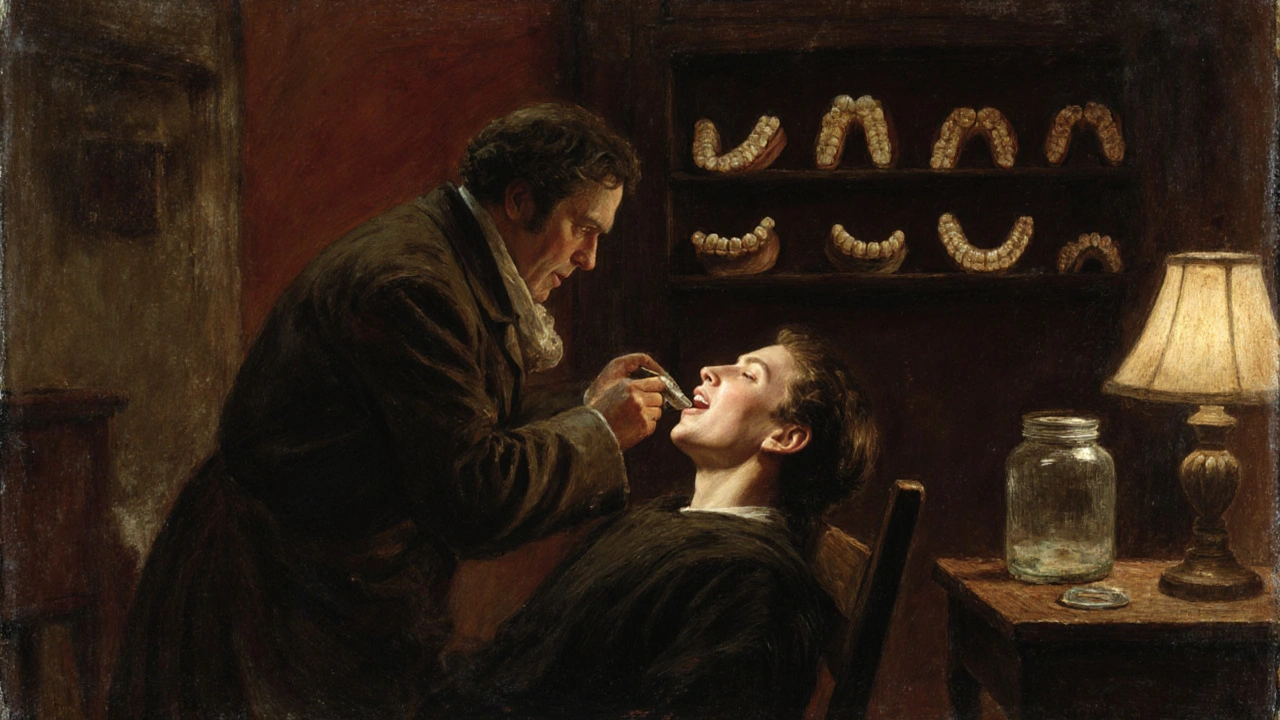 Zubní lékař v Praze roku 1850 používá staré nástroje na pacienta s dřevěnými zubními náhradami.