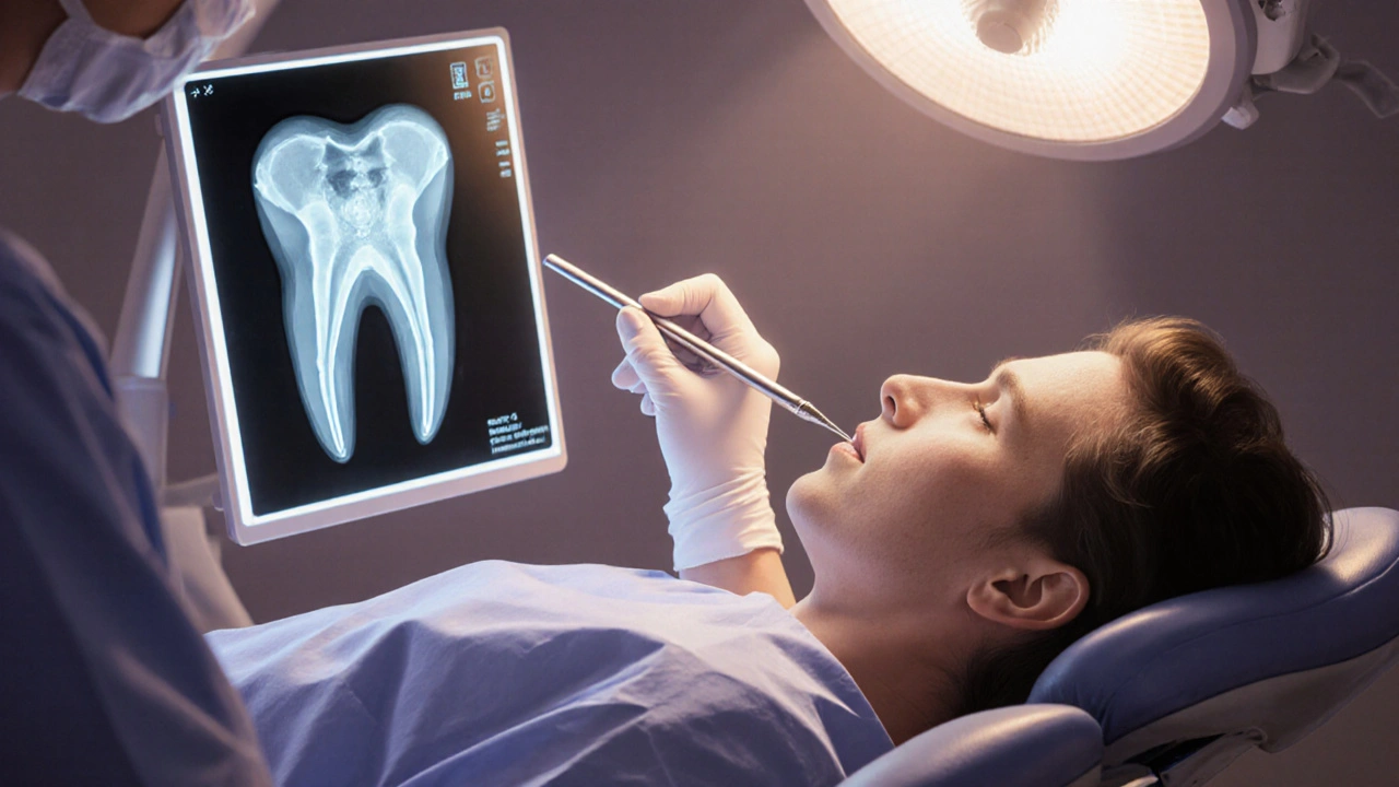 Zubní lékař vyšetřuje poškozený zub při nouzové péči, na pozadí rentgenový snímek infekce.