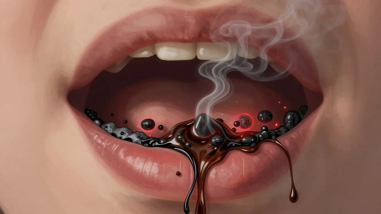 Bakteriální biofilm se mění v tmavý zubní kámen s příměsí kávy a kouře.