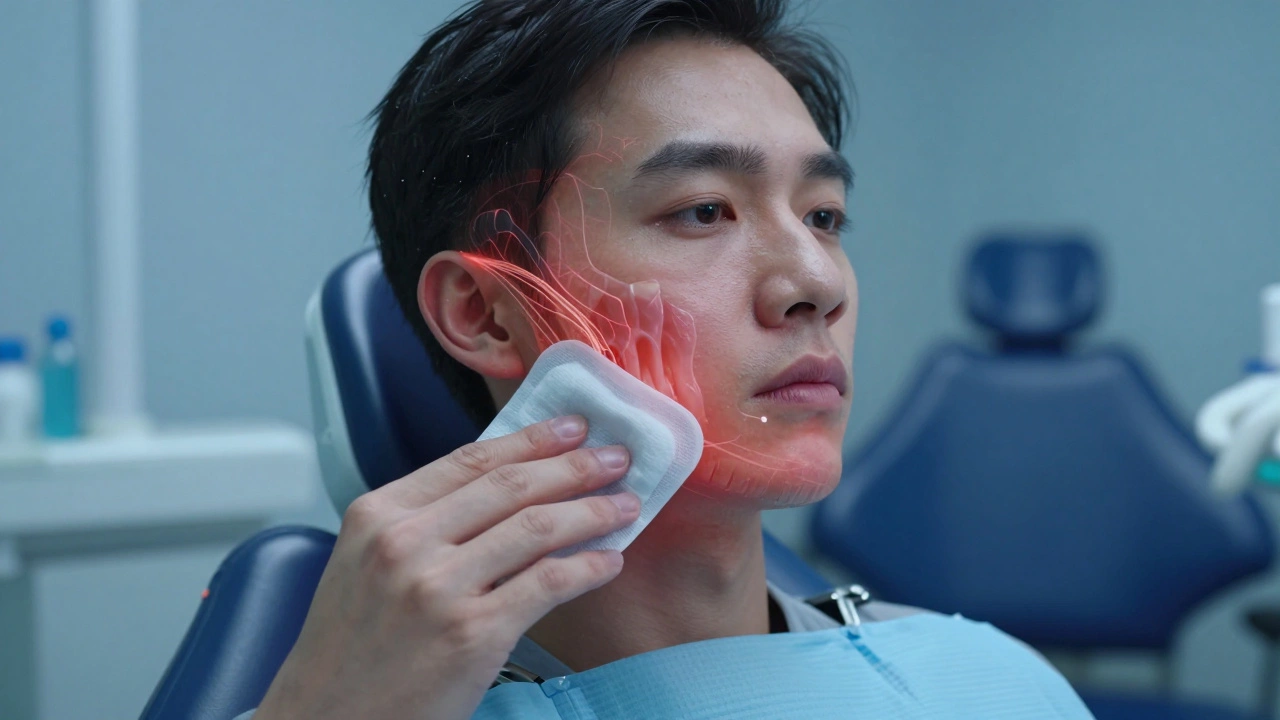 Chladný obklad na čelisti s grafickým znázorněním nervových cest bolesti.