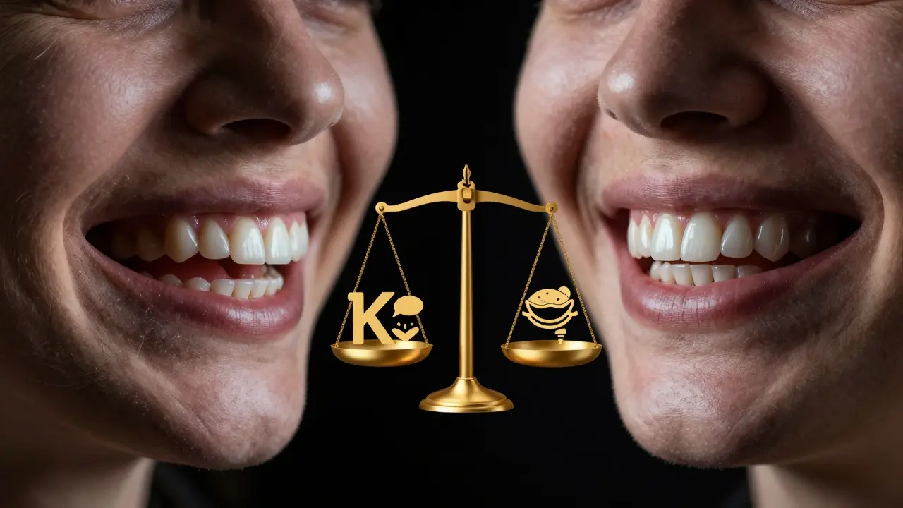 Contrasting images of damaged vs. restored smile with cost and quality symbols.