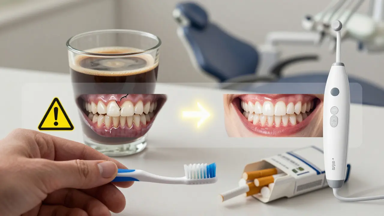 Contrasting paths of tooth care: stained vs. clean teeth.