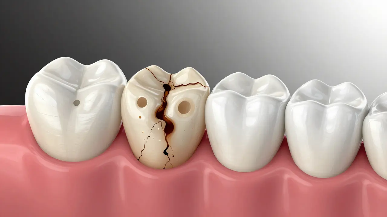 Cross-section of tooth showing pigment stains in enamel pores.