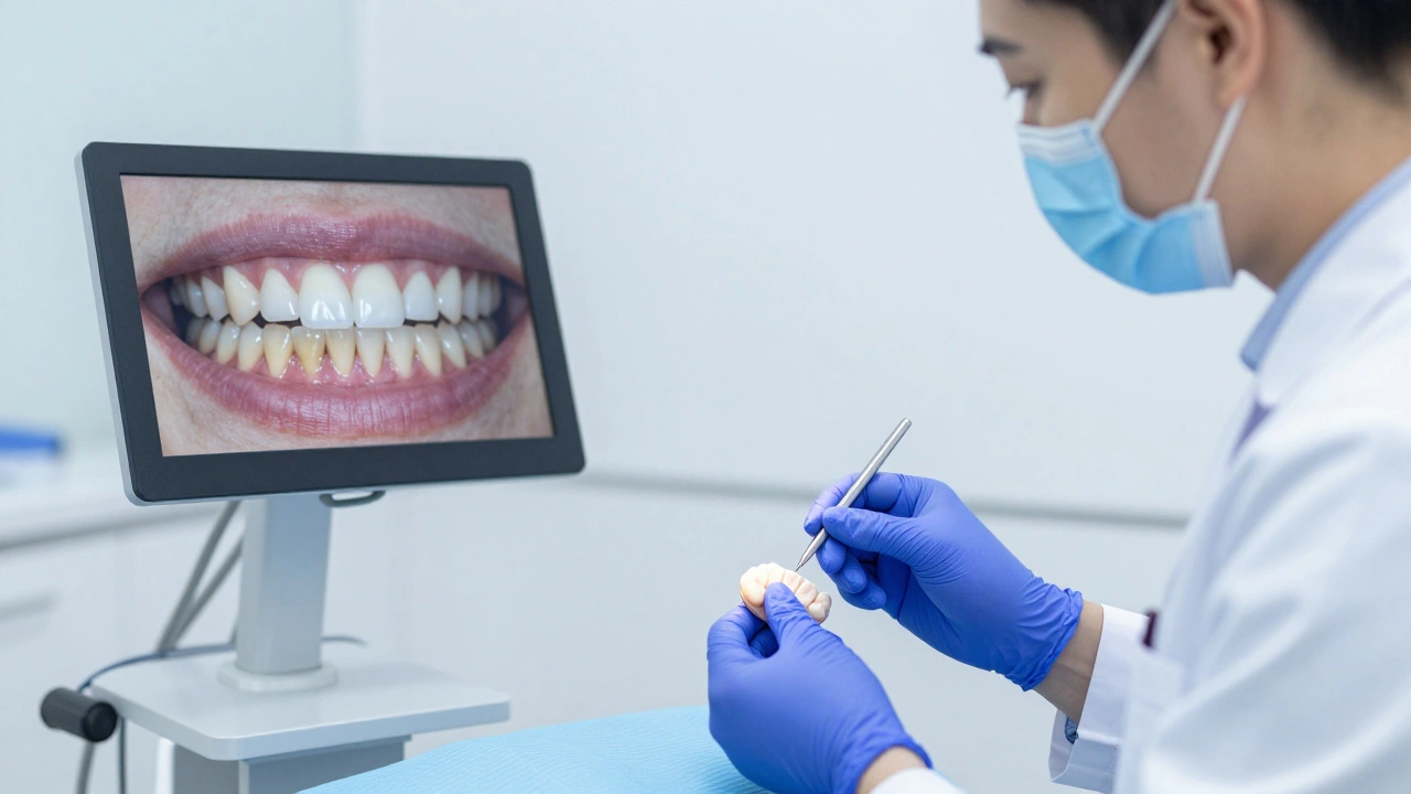 Dentista připevňuje keramickou vložku na zub, s předem a po fotkou na obrazovce vedle.