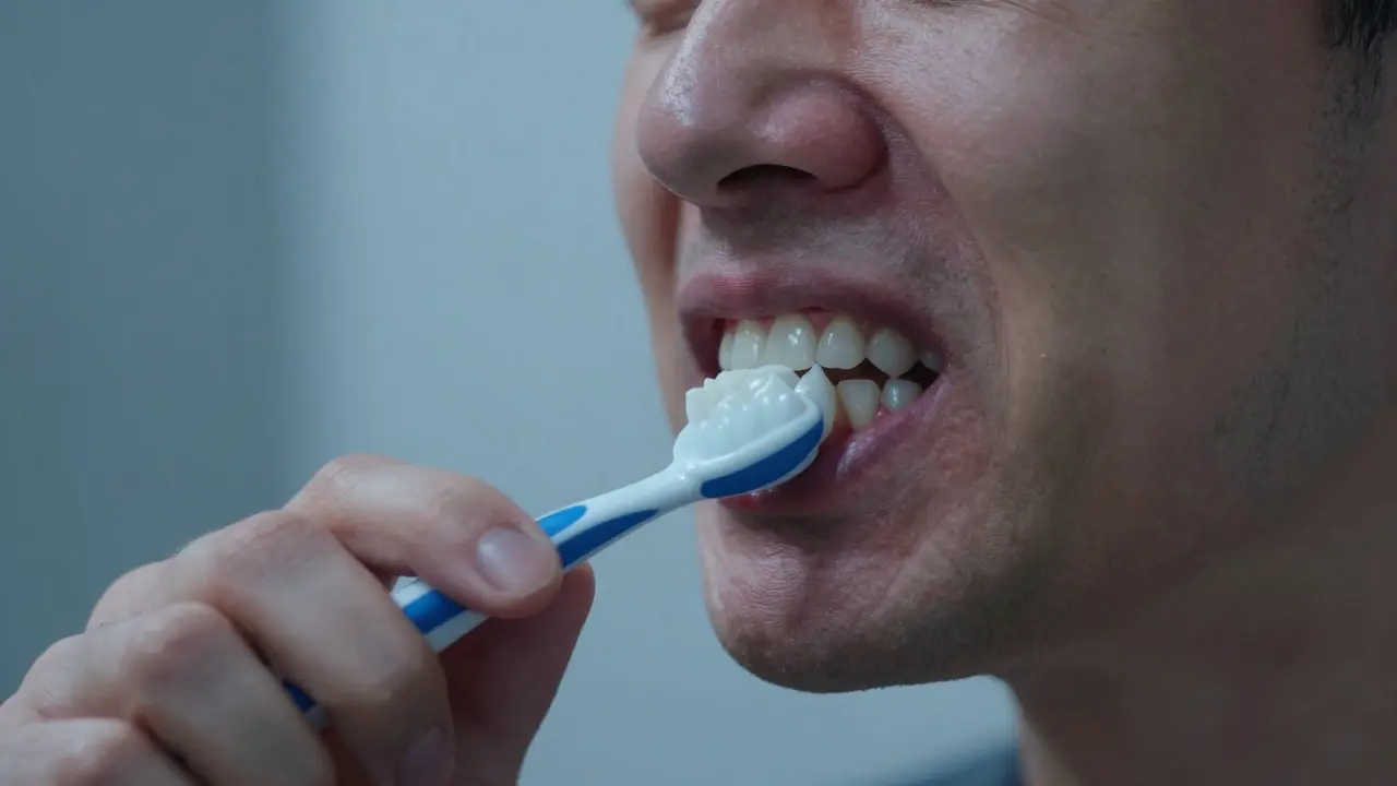 Dospělá osoba čistí zuby, s mírným zánětem dásní u překrývajících se řezáků.