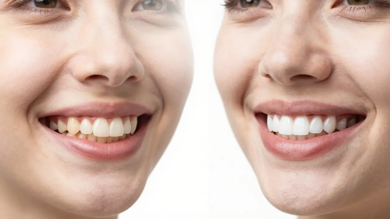 Dva boky úsměvy: přirozeně žluté zuby a bělejší zuby po domácím bělení.