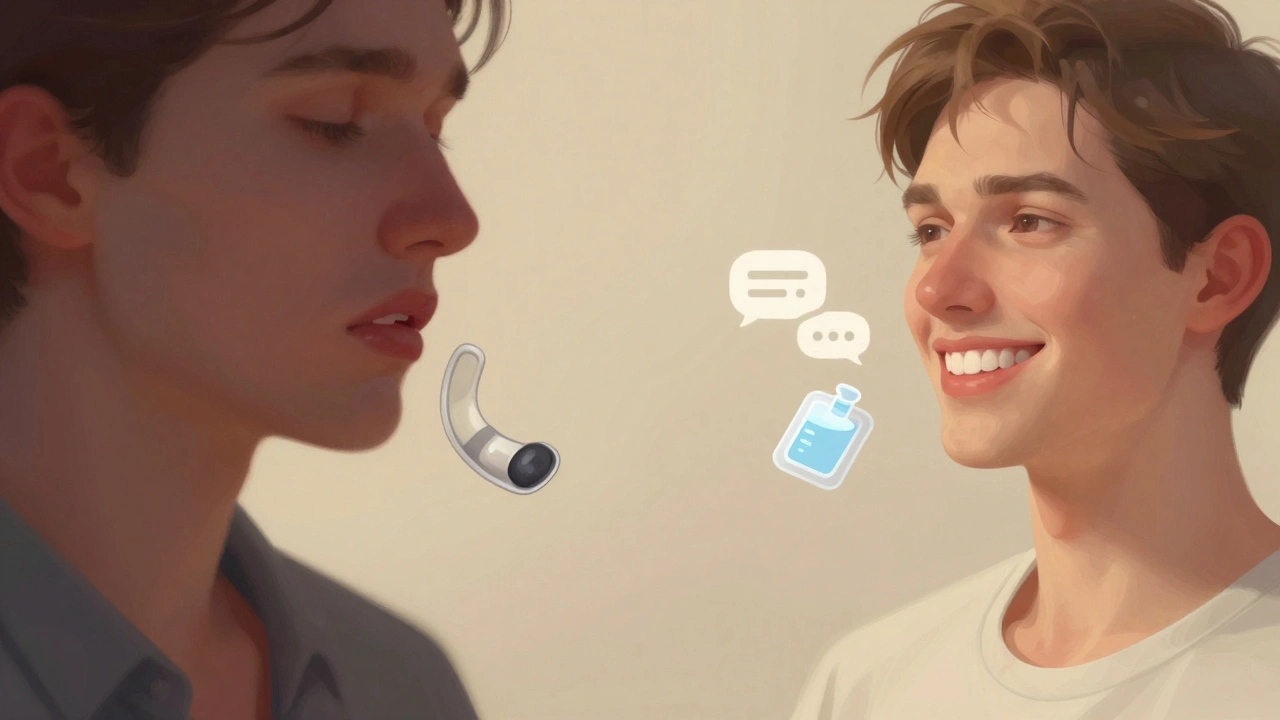 Dvě cesty: jedna s bolestí a nepřizpůsobenou protézou, druhá se spokojeným úsměvem a správně sedící protézou.