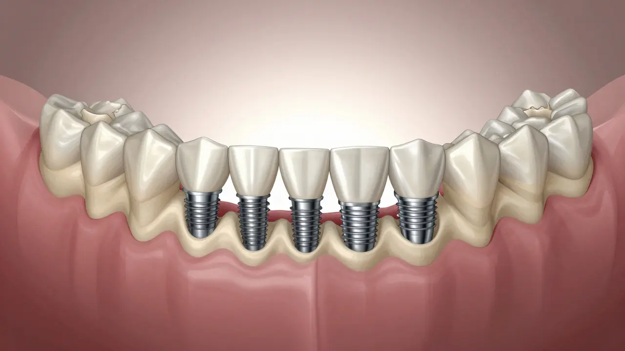 Jawbone with dental implants and metal-ceramic crowns replacing damaged teeth.