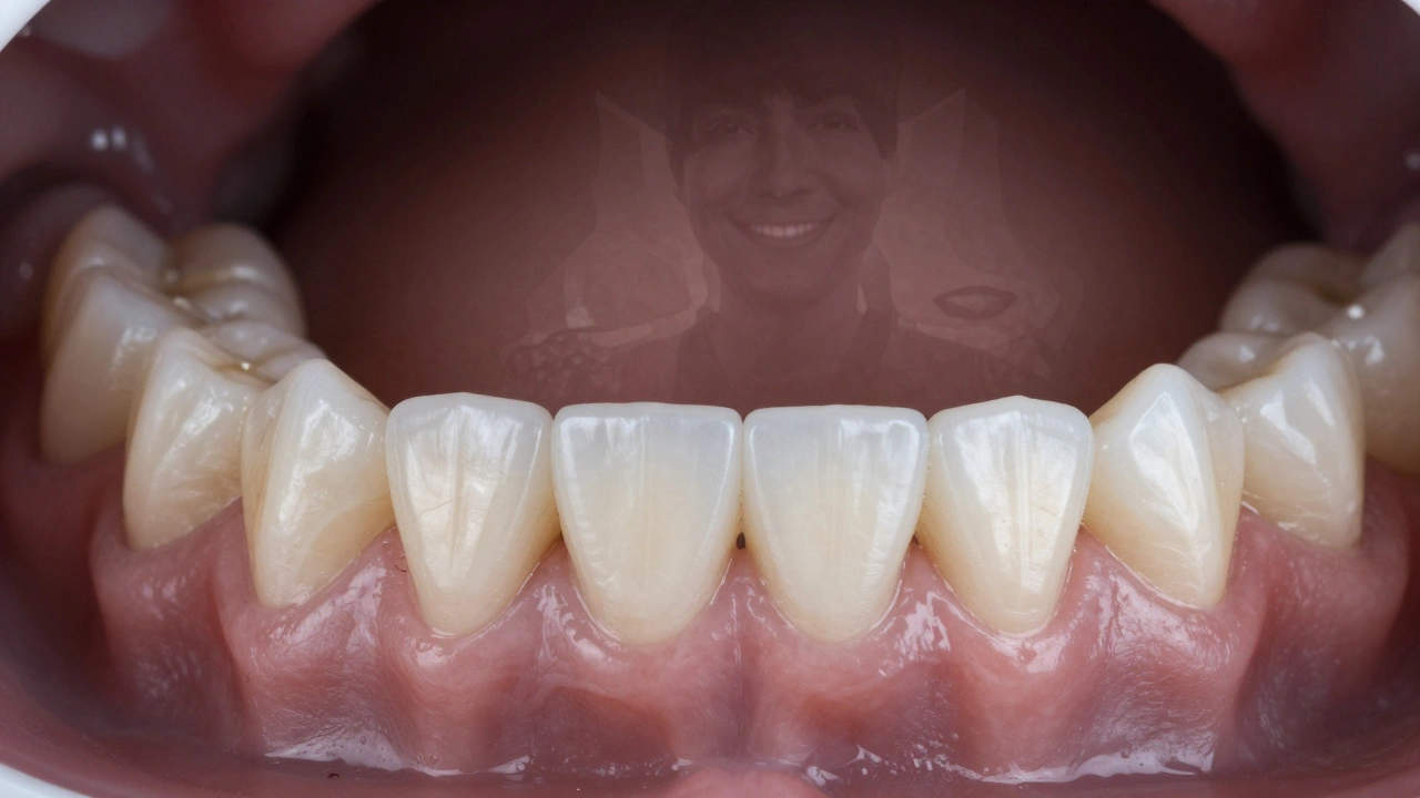 Keramická kapsle v přední části úst s přirozenou bílou barvou pod dásní.