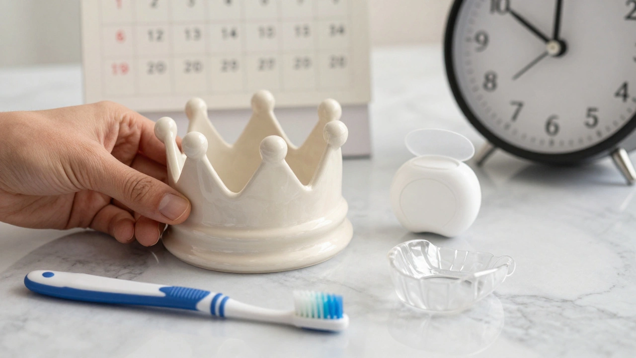Keramická korunka spolu s kartáčkem, nití a štitem na stole, symbolizující péči o zuby.