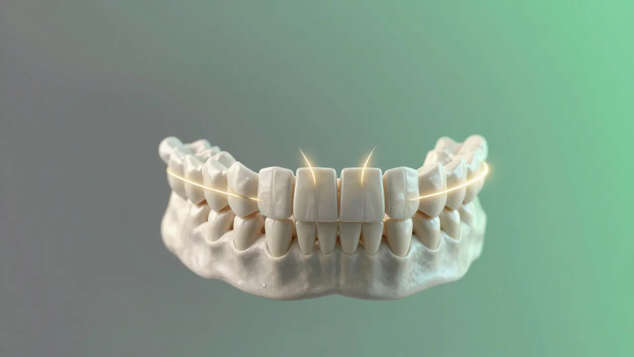 Konceptuální znázornění korigování křivých zubů pomocí neviditelných sil.