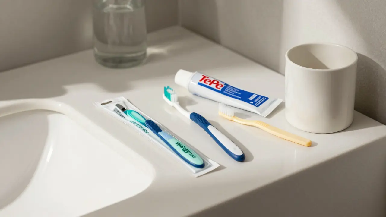 Koupelna s mezizubními kartáčky, zubní kartáčkem a použitým kartáčkem v koši.