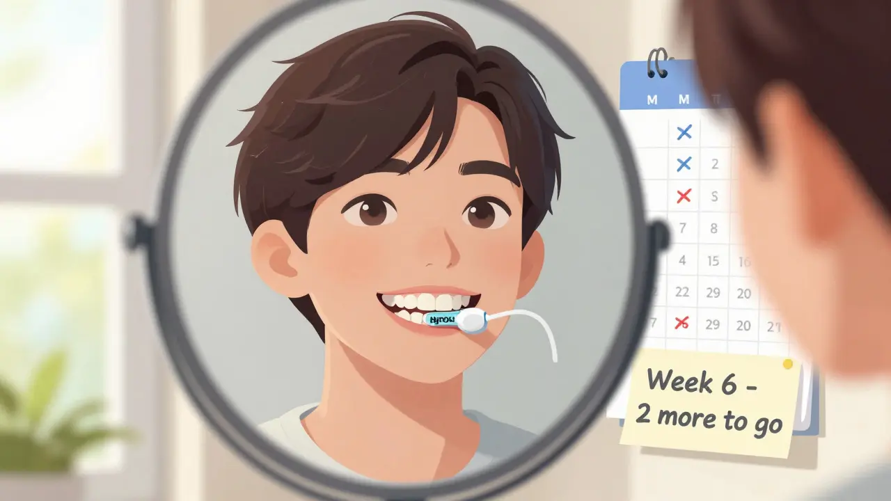 Mladý člověk se dívá do zrcadla s viditelným zařízením Hyrax a kalendářem s označenými dny.