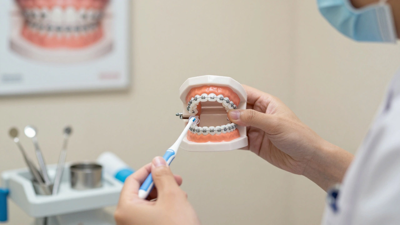 Ortodont ukazuje správnou techniku čištění rovnátek mezizubním kartáčkem.