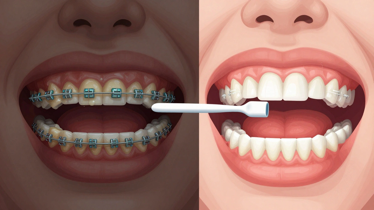 Porovnání zdravého a znečištěného ústního ústrojí s rovnátky.