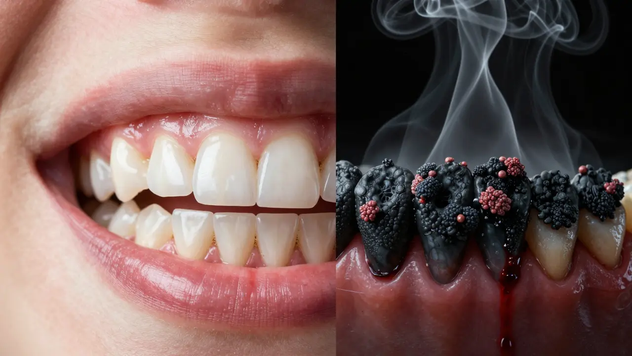 Porovnání zdravých zubů a zubů pokrytých černým kamenem s bakteriemi.