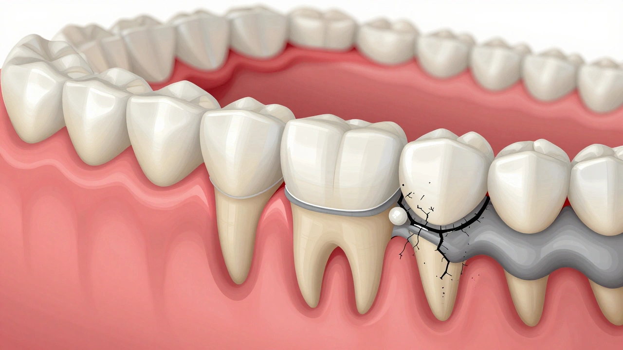 Příčný řez zubu s vrstvou keramické fazety a viditelnými poškozeními pod ní.