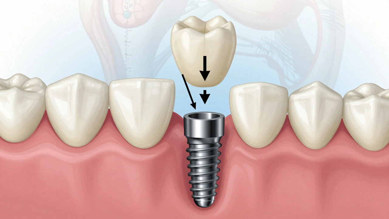 Princip konického spojení kapsle s implantátem a přenos žvýkací síly do kosti.