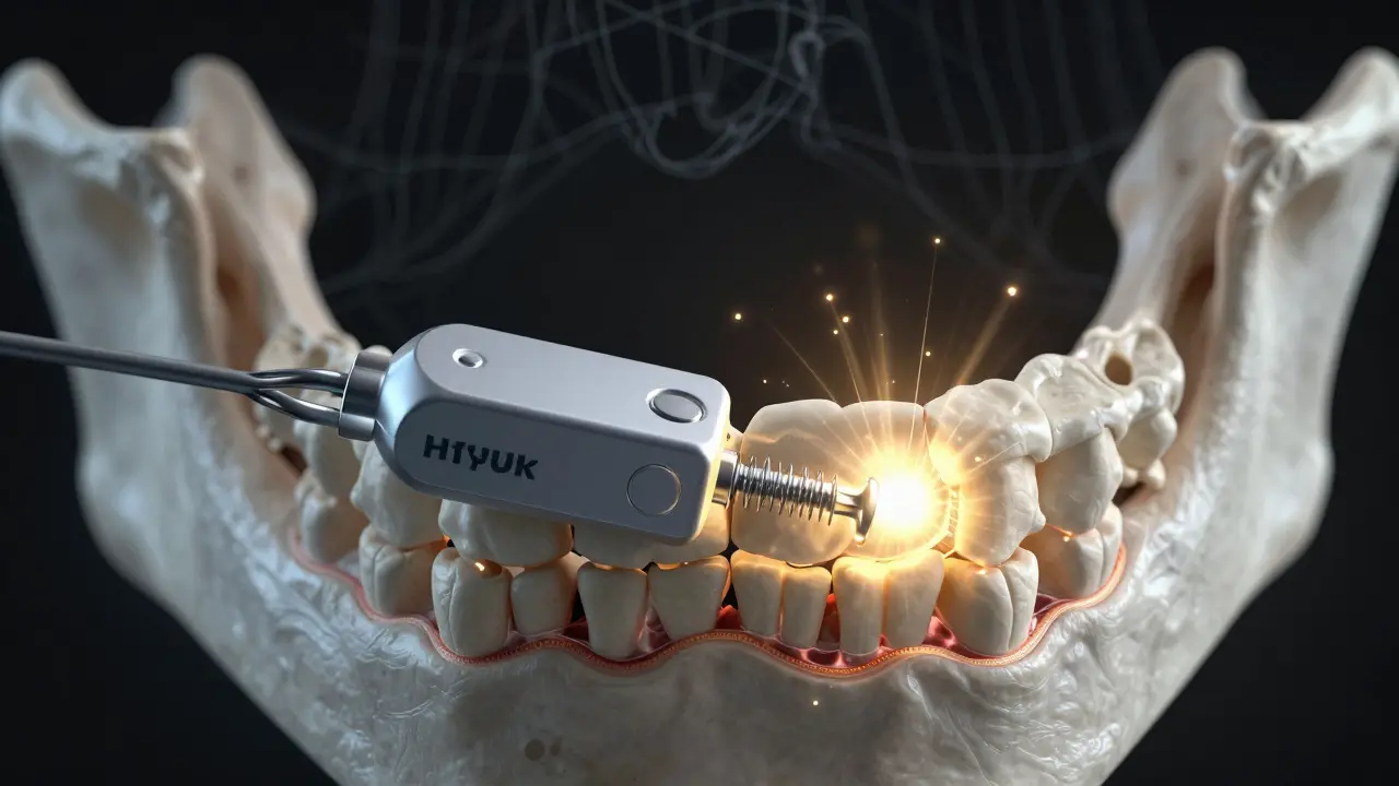 Průřez čelistí s rozšiřujícím se Hyrax zařízením a regenerující kostí.