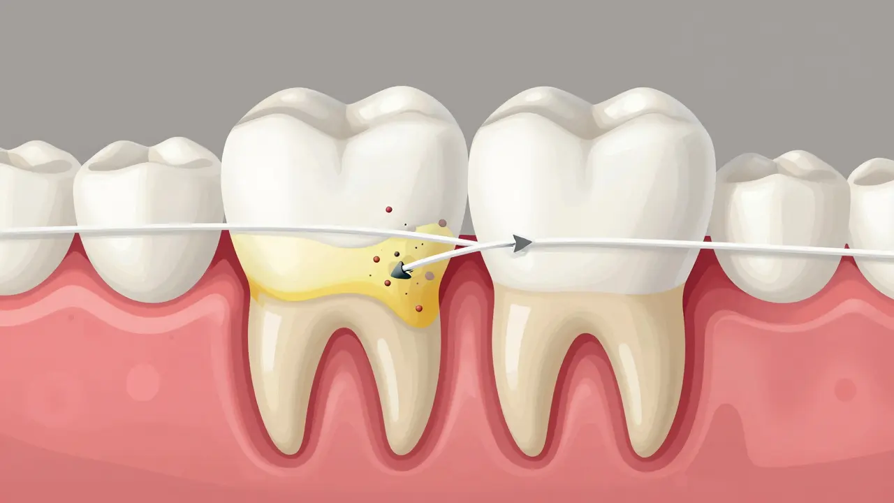 Průřez dvou zubů s plakem mezi nimi a nití, která ho odstraňuje.