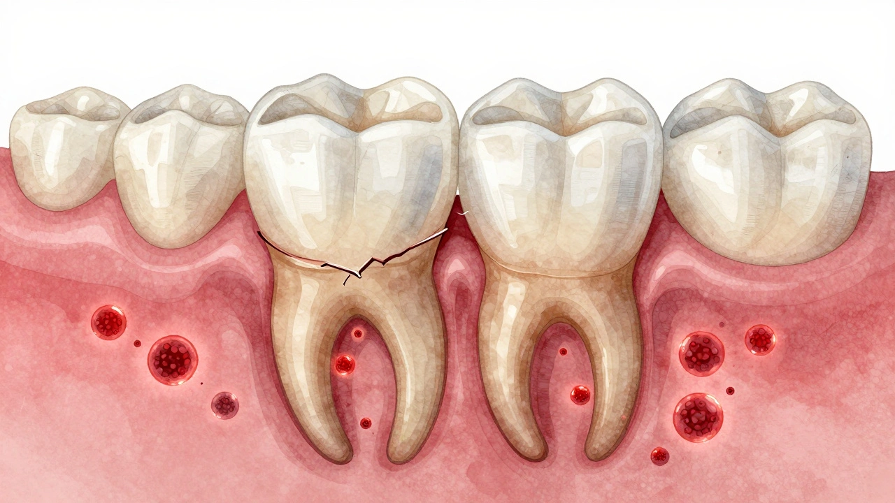 Průřez keramické korunky s viditelným zirkonovým jádrem a kariesí pod ní.