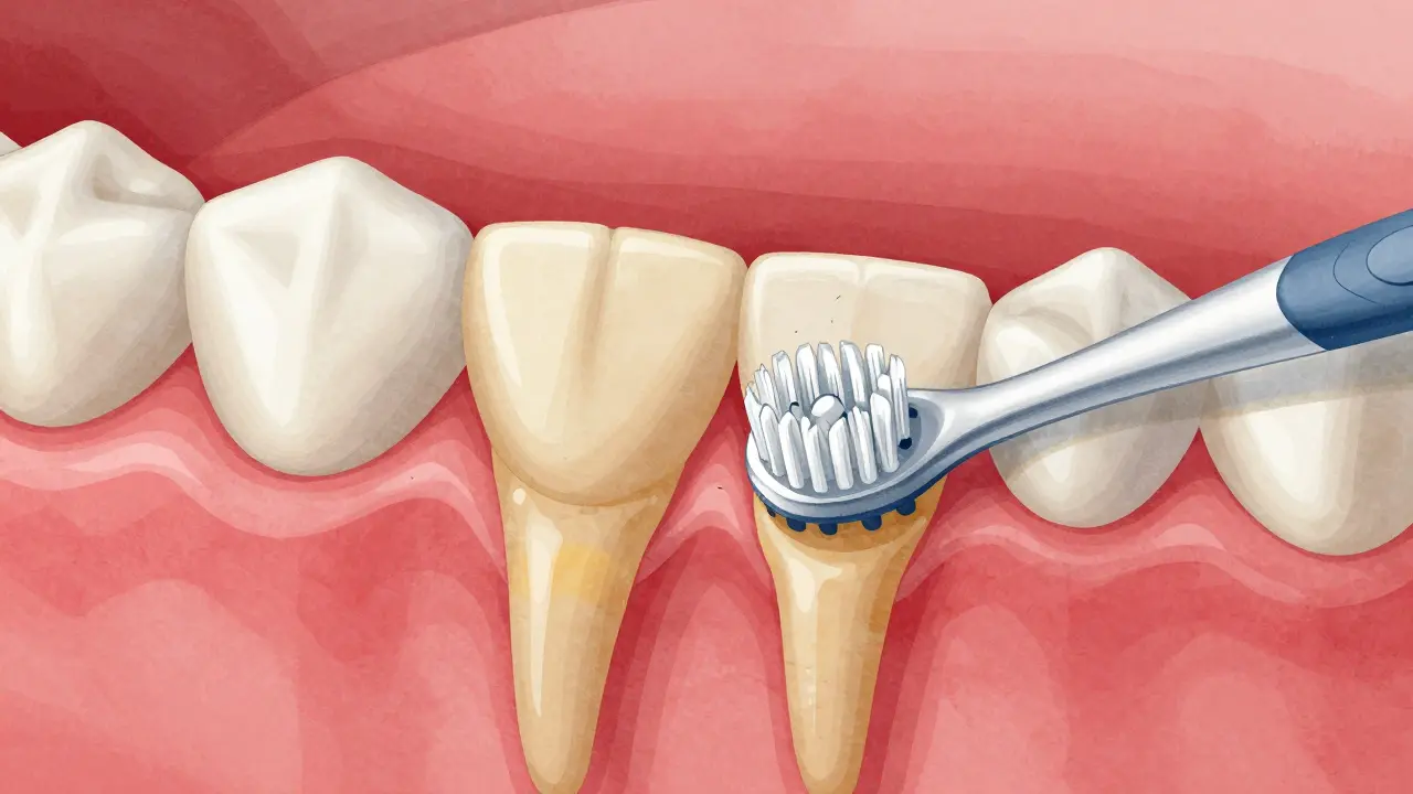 Průřez zubů s plakem mezi nimi a kartáčkem, který ho odstraňuje.