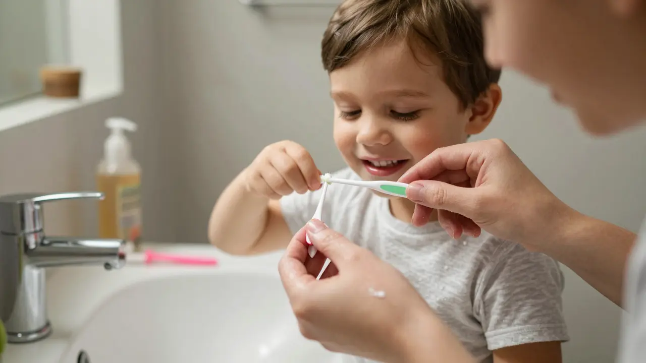 Rodič čistí zuby dítěte pomocí flosseru v koupelně ráno.