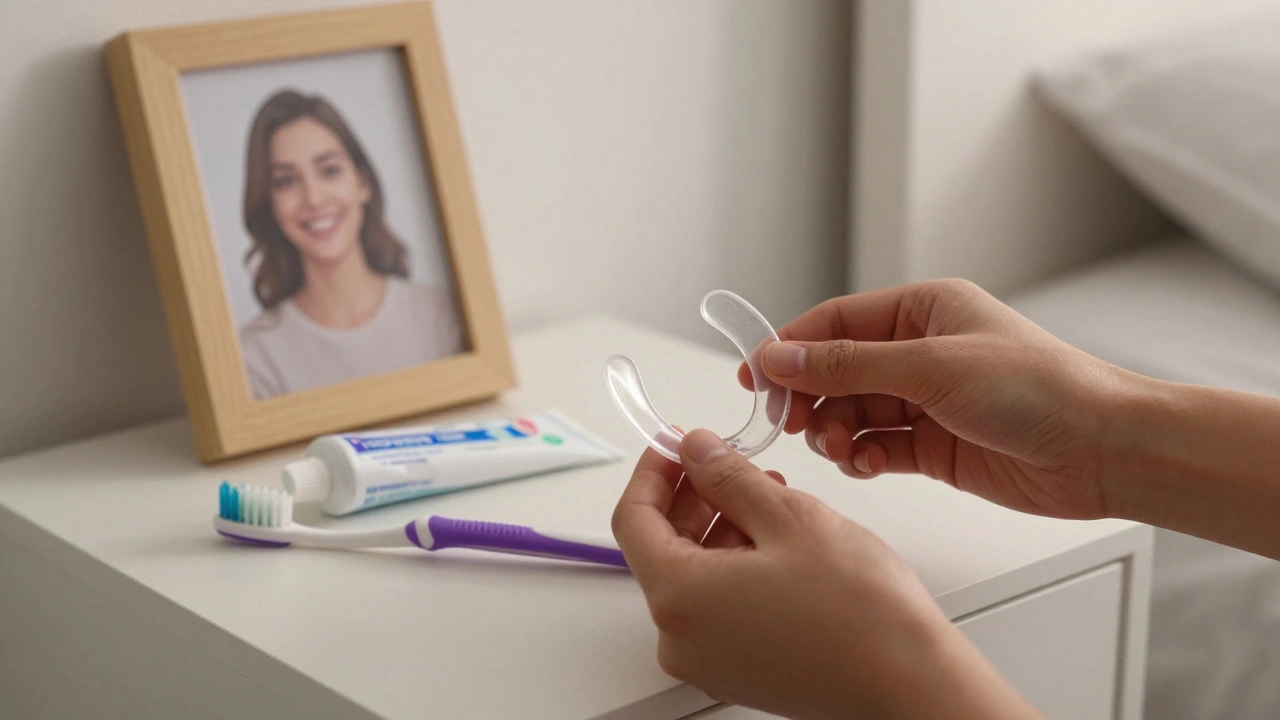 Ruce ukládají noční štětci na noční stolek vedle zubní kartáček a pasty.