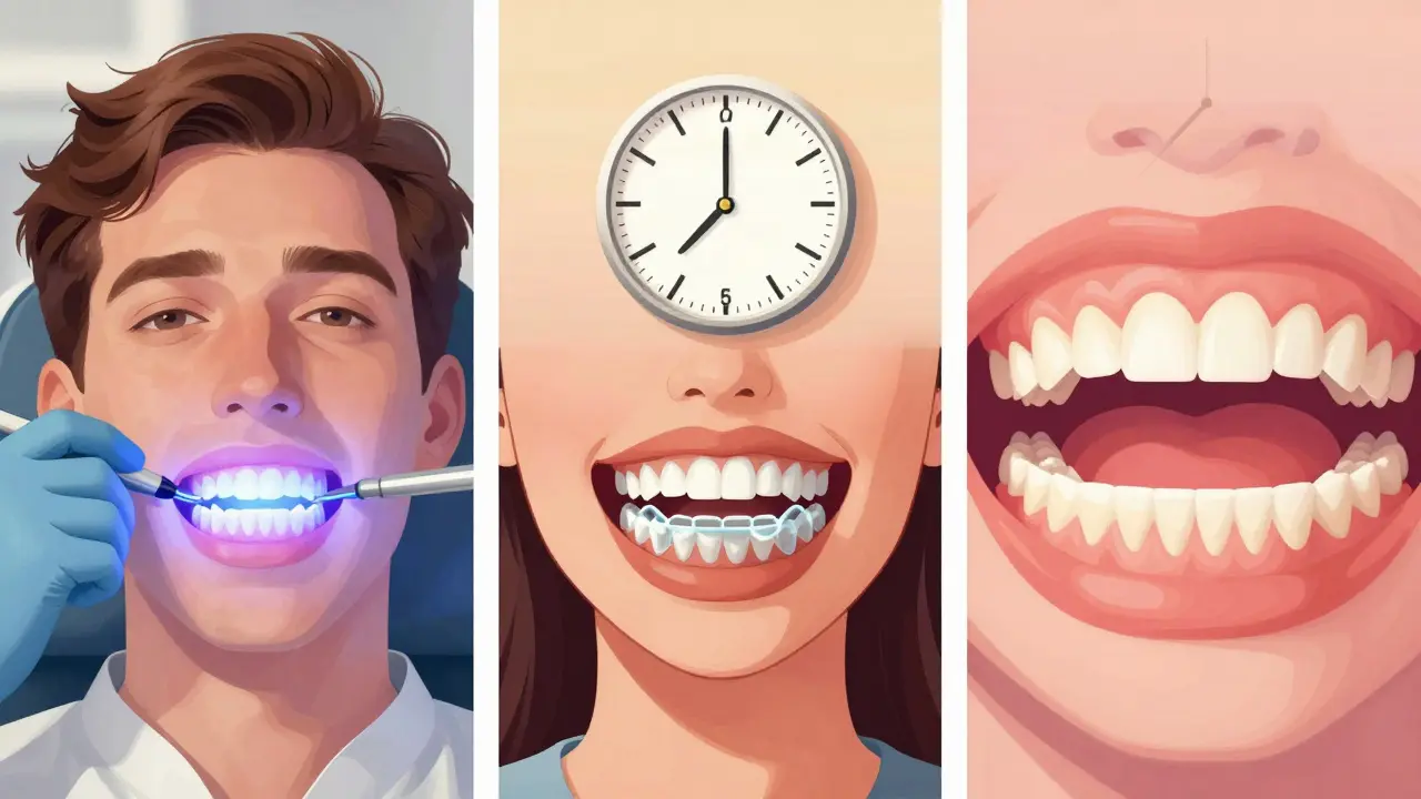 Tři metody bělení zubů: v ordinaci, doma a kombinovaná, znázorněné vizuálně bez textu.