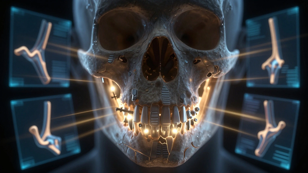 Vnitřní osvětlená čelist s titanovými šrouby a holografickými cestami pohybu kosti.