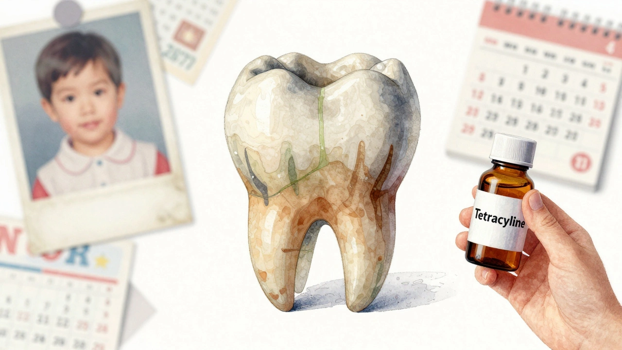 Vnitřní zbarvení zubů v podobě šedých a zelených pruhů, spojené s dětskou rukou a lékem tetracyklin.