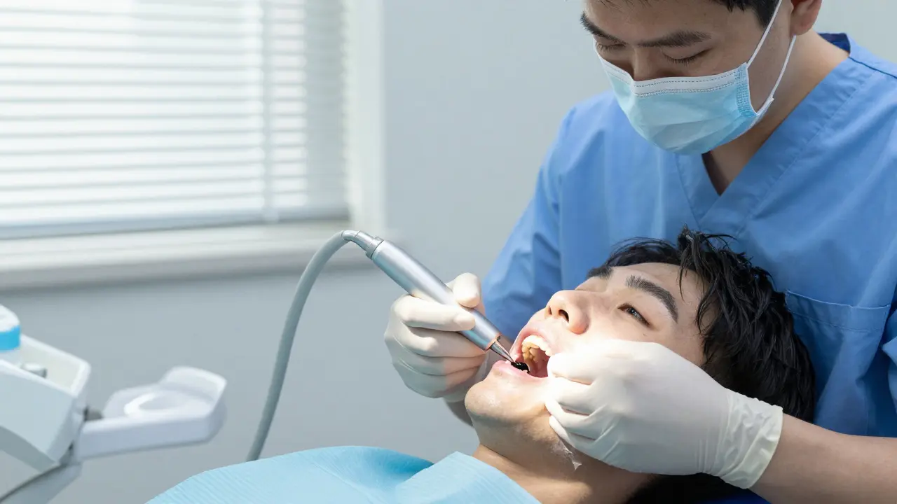 Zubař odstraňuje zubní kámen ultrazvukovým čističem v klinice.