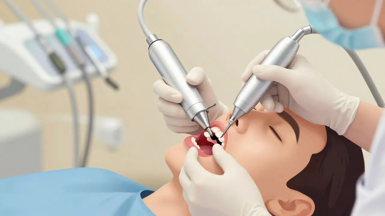 Zubař odstraňuje zubní kámen ultrazvukovým skrabákem v klinice.