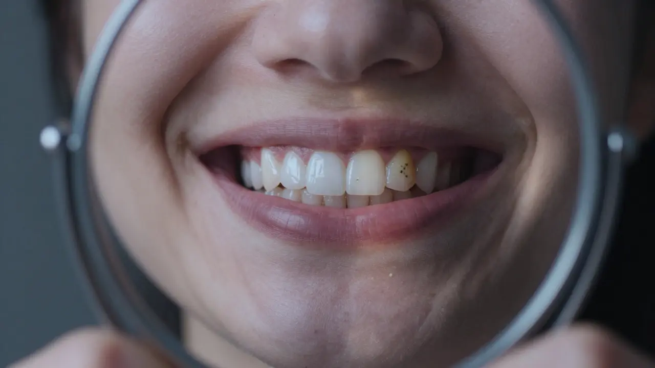 Člověk se zrcadlem: jedna polovina úsměvu má bělé zuby, druhá polovina má tmavé skvrny a plomby.