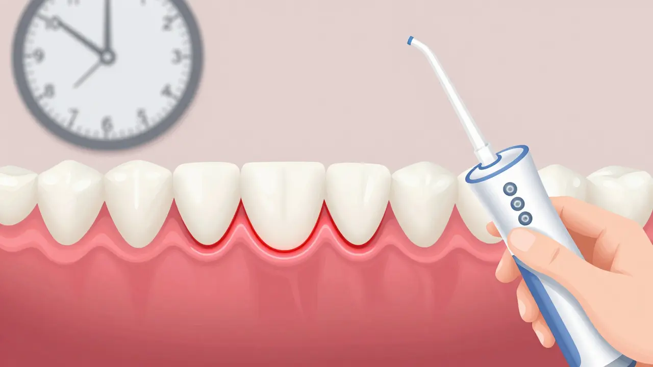 Dentista měří hloubku zubodásňového vřídku, zubní kámen je skryt pod dásní.