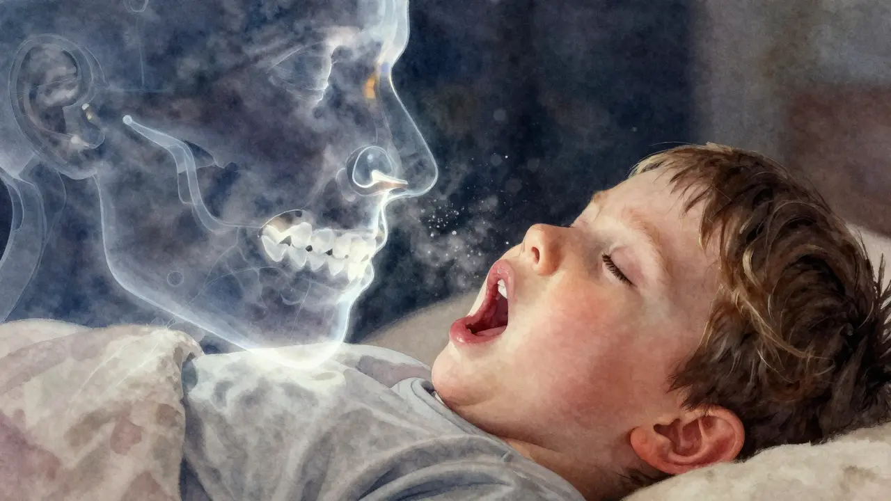 Dítě spí s otevřenými ústy, jazyk blokuje dýchací cestu, viditelná úzká nosní cesta.