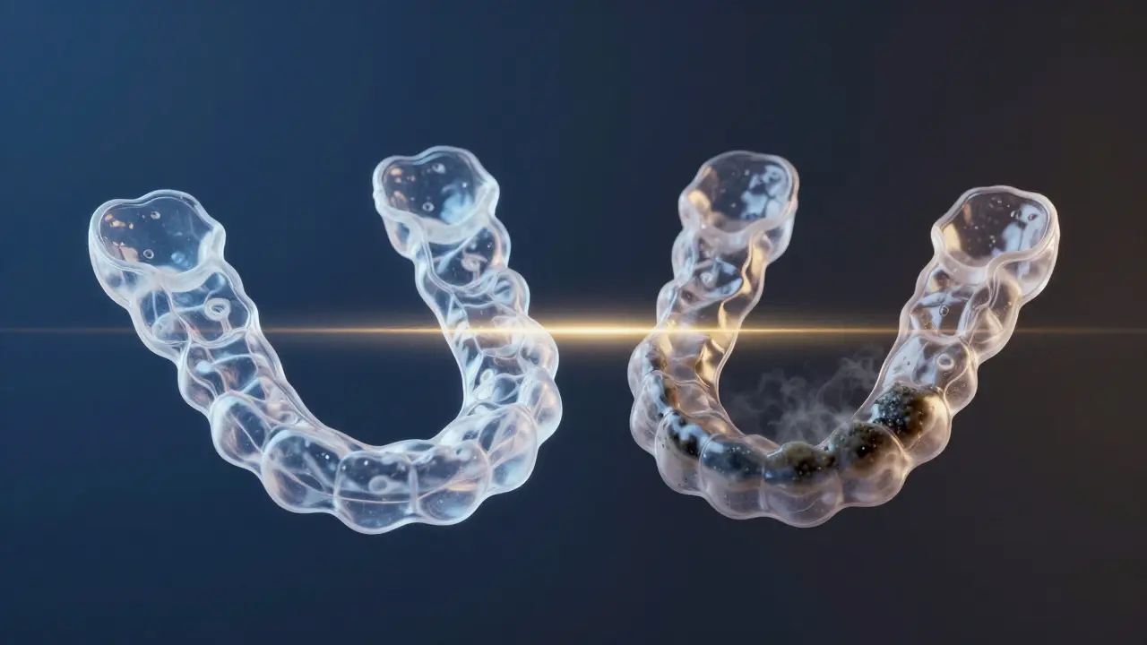 Dvě verze rovnátek: čisté a znečištěné, symbolizující důležitost péče.