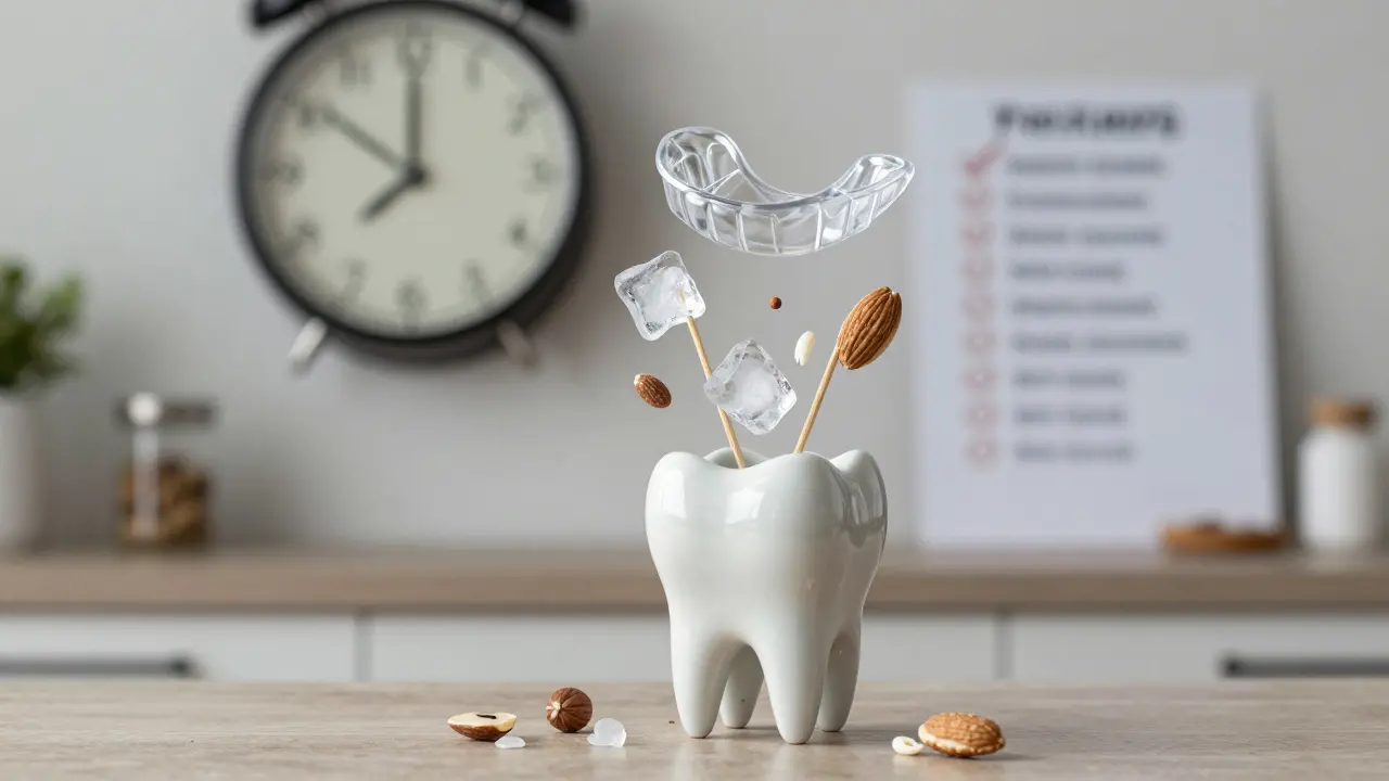 Keramické zuby jako křehký porcelán poškozený ledem a oříšky, chráněný ochrannou štěticí.