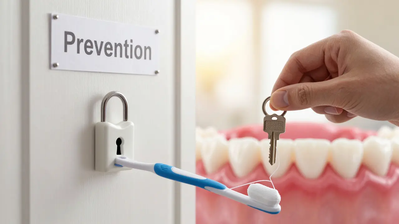 Klíč ve tvaru zubu, který otevírá dveře k prevenci, symbolizující důležitost včasné péče.