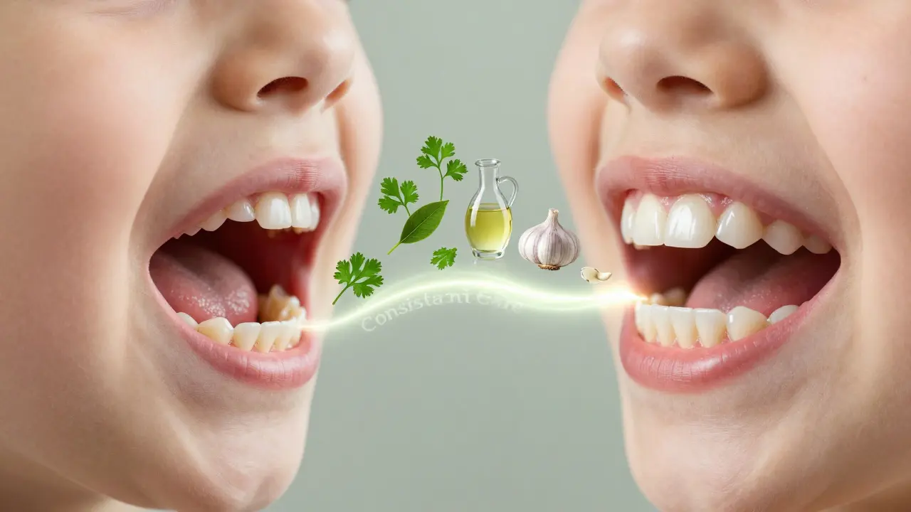 Kontrast mezi zubním kamenem a zdravými zuby s přírodními prostředky mezi nimi.