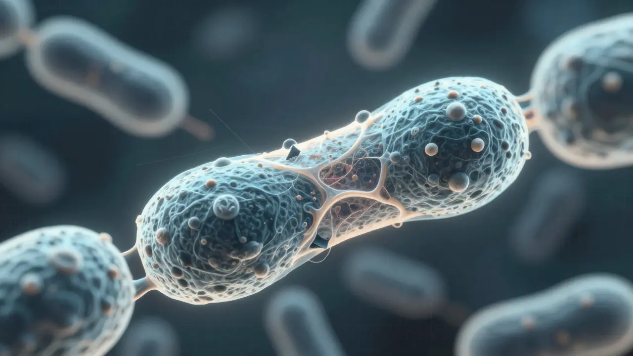 Mikroskopický pohled na bakterie a fluoridovou ochranu zubní skloviny.